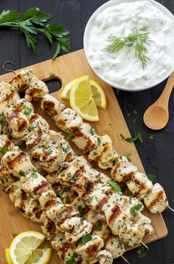 Greek Lemon Chicken Skewers with Tzatziki Sauce