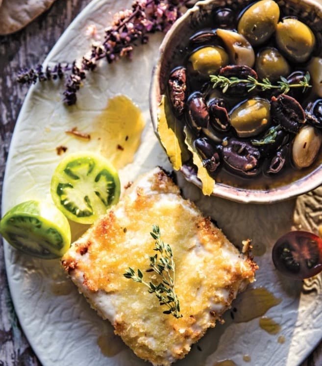 Pan Fried Feta with Thyme and Greek Marinated Olives